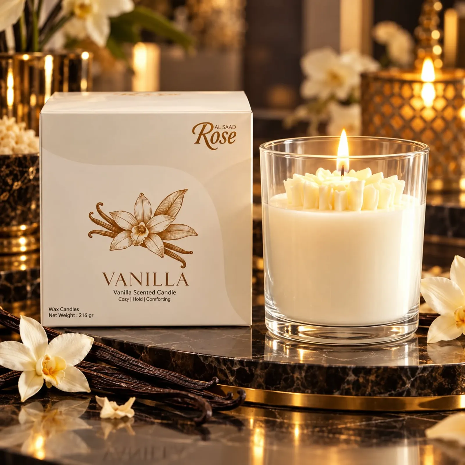 Al Saad Rose Vanilla Scented Candle – Luxury Fragrance Candle 216g