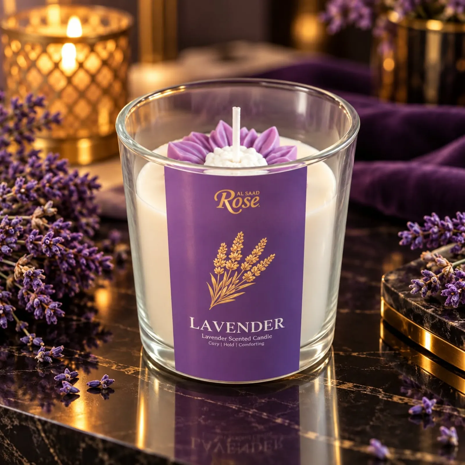 Al Saad Rose Lavender Scented Candle – Luxury Aromatherapy Candle 216g - Image 2